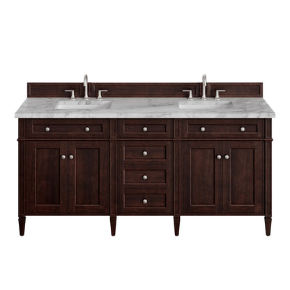Brittany 72" Double Vanity, Burnished Mahogany w/ 3 CM Carrara Marble Top