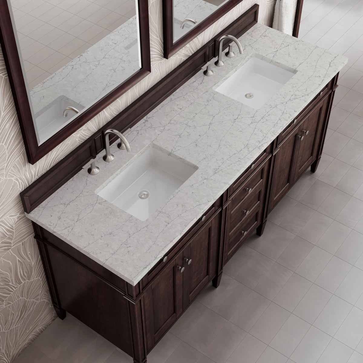 Brittany 72" Double Vanity, Burnished Mahogany w/ 3 CM Eternal Jasmine Pearl Silestone Top, view 7