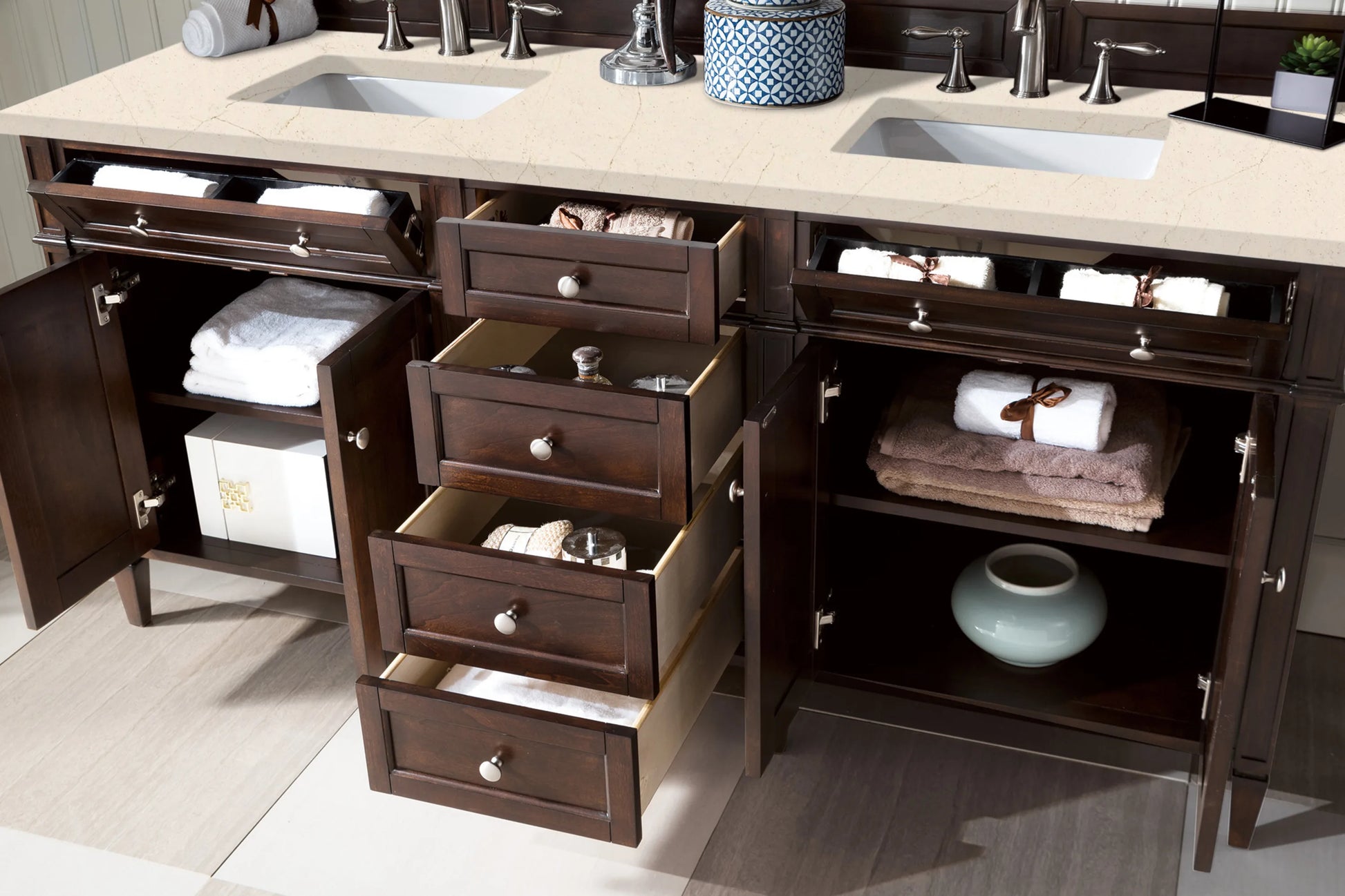 Renovate for Less Atlanta Brittany 72" Double Vanity, Burnished Mahogany w/ 3 CM Eternal Marfil Silestone Top, view 5