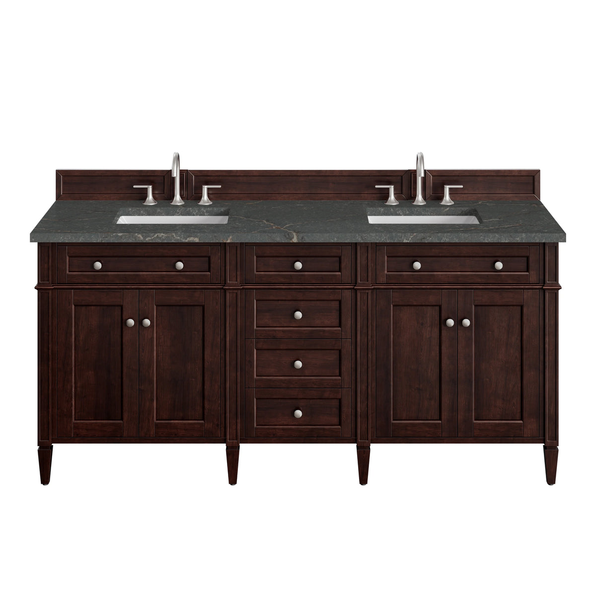 Brittany 72" Double Vanity, Burnished Mahogany w/ 3 CM Parisien Bleu Silestone Top