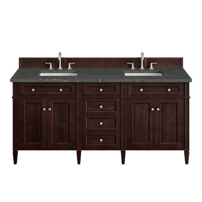 Brittany 72" Double Vanity, Burnished Mahogany w/ 3 CM Parisien Bleu Silestone Top