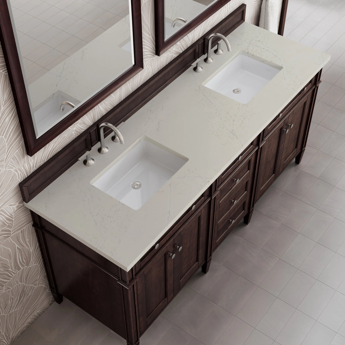 Brittany 72" Double Vanity, Burnished Mahogany, w/ 3 CM Siberian Silestone Top, view 6