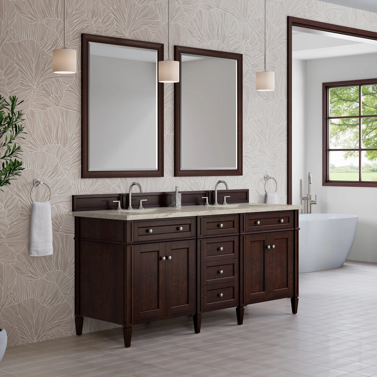 Brittany 72" Double Vanity, Burnished Mahogany, w/ 3 CM Tajnar Eclos Top, view 4