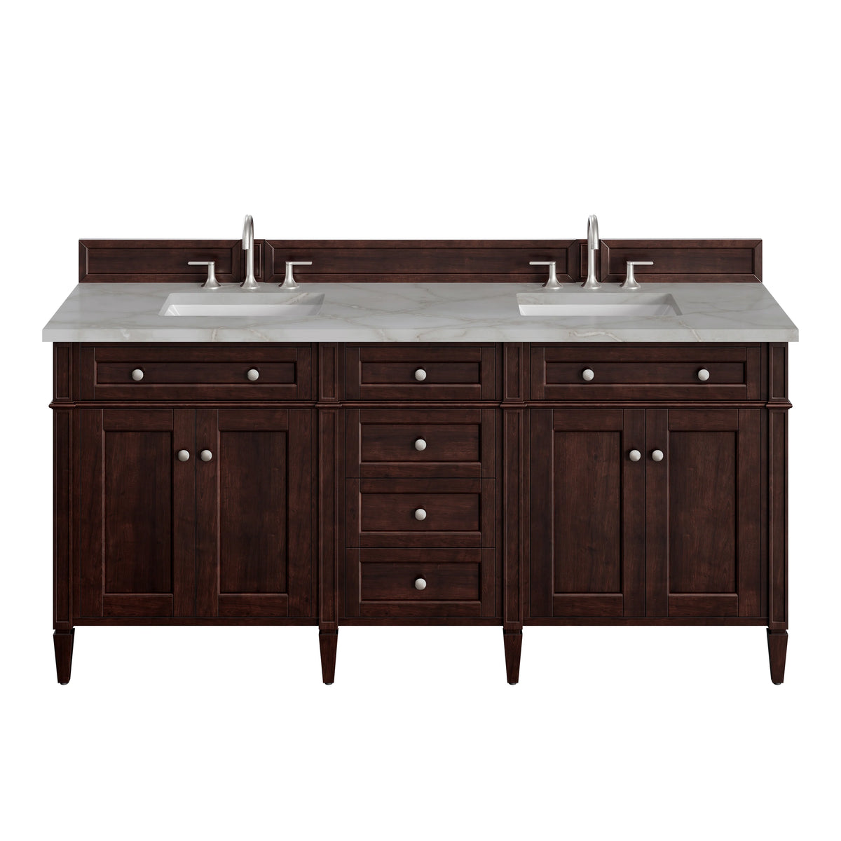 Brittany 72" Double Vanity, Burnished Mahogany w/ 3 CM Victorian Silver Silestone Top