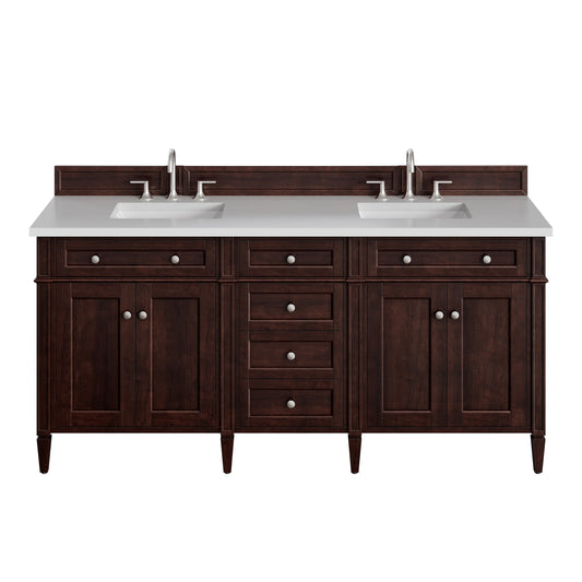 Brittany 72" Double Vanity, Burnished Mahogany w/ 3 CM White Zeus Silestone Top