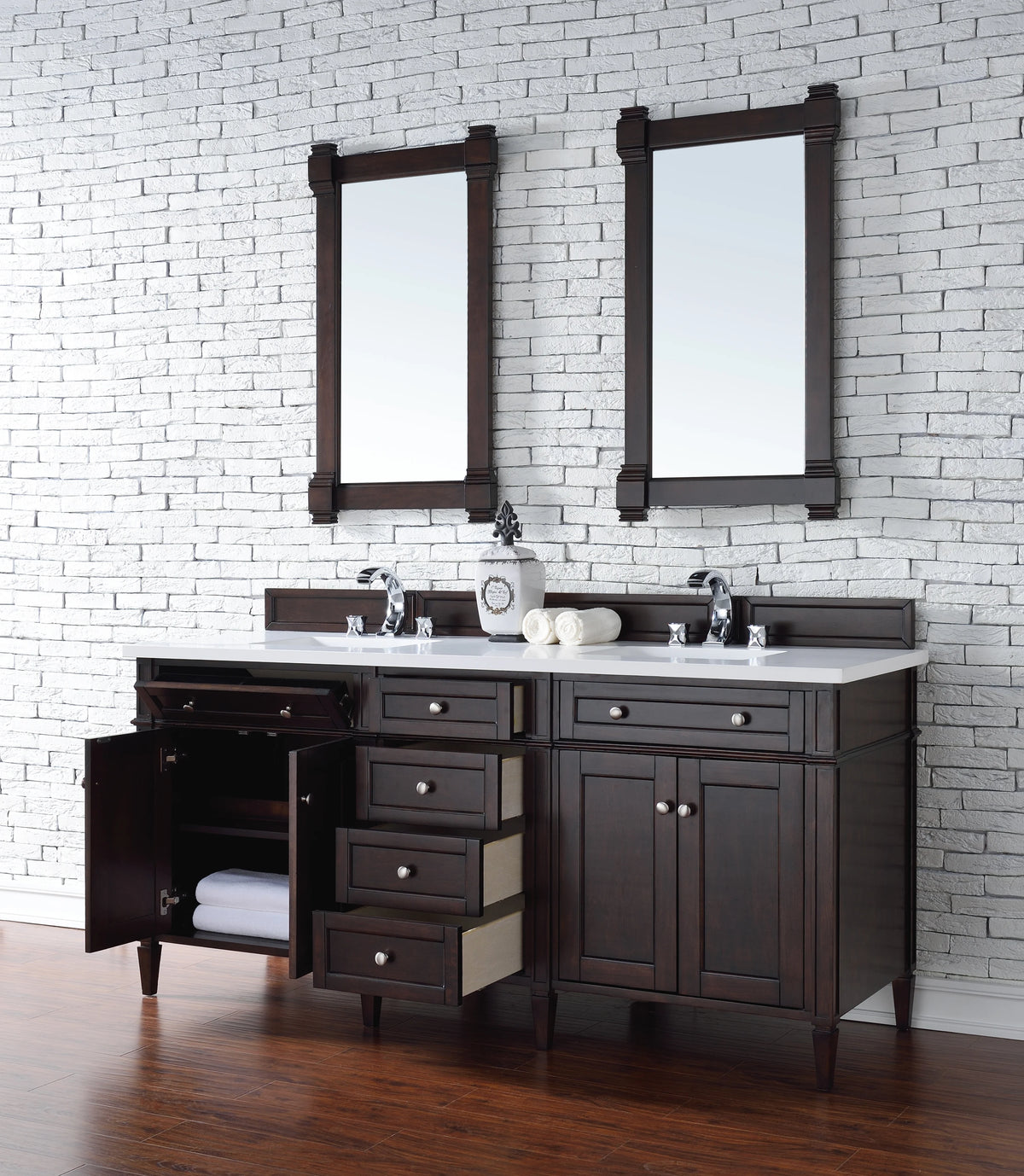 Brittany 72" Double Vanity, Burnished Mahogany w/ 3 CM White Zeus Silestone Top, view 5