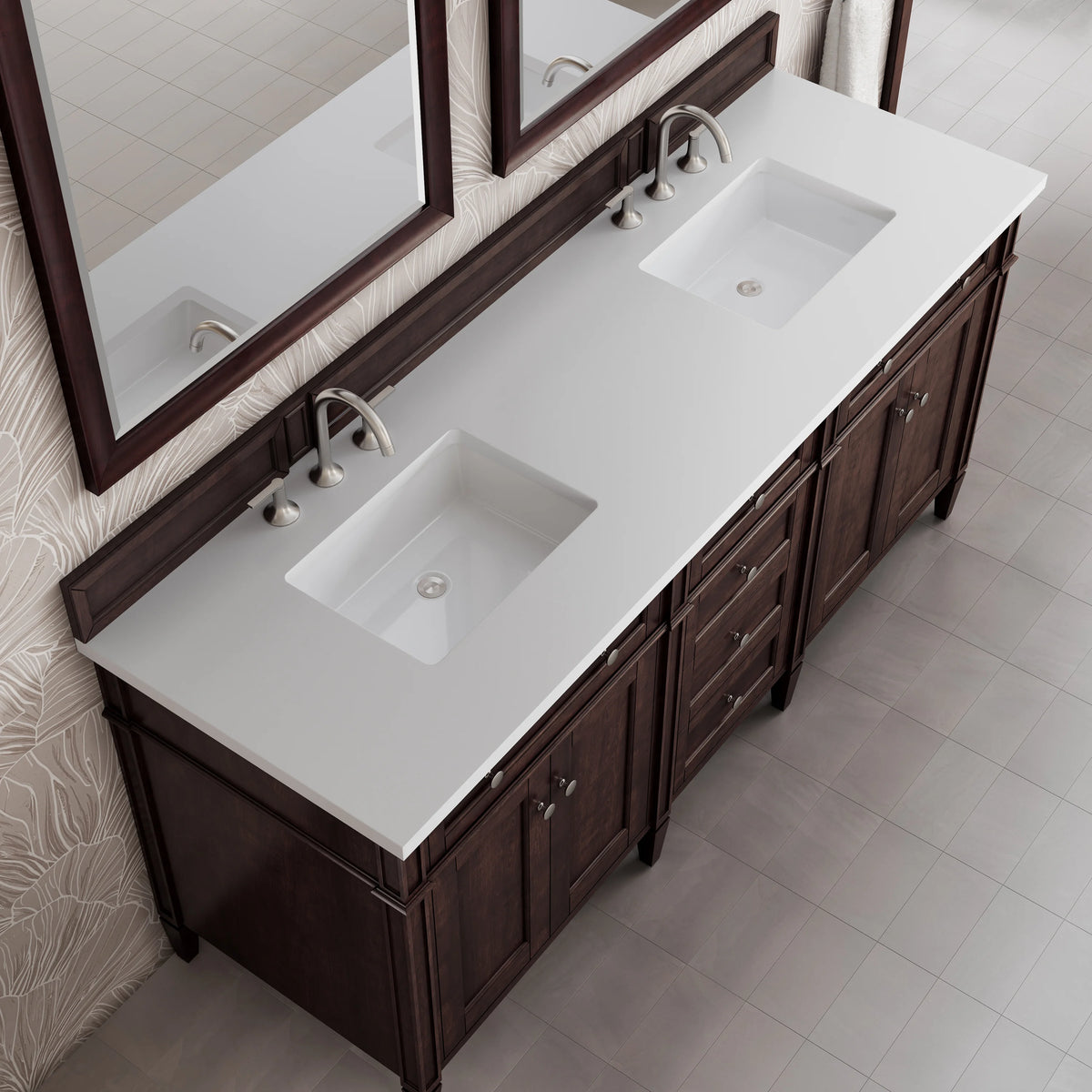 Brittany 72" Double Vanity, Burnished Mahogany w/ 3 CM White Zeus Silestone Top, view 7