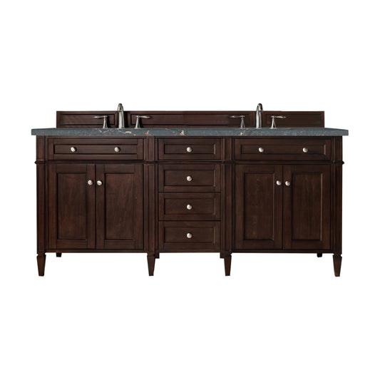 Brittany 72" Double Vanity, Burnished Mahogany w/ 3 CM Parisien Bleu Silestone Top w/FreePower Wireless Charger