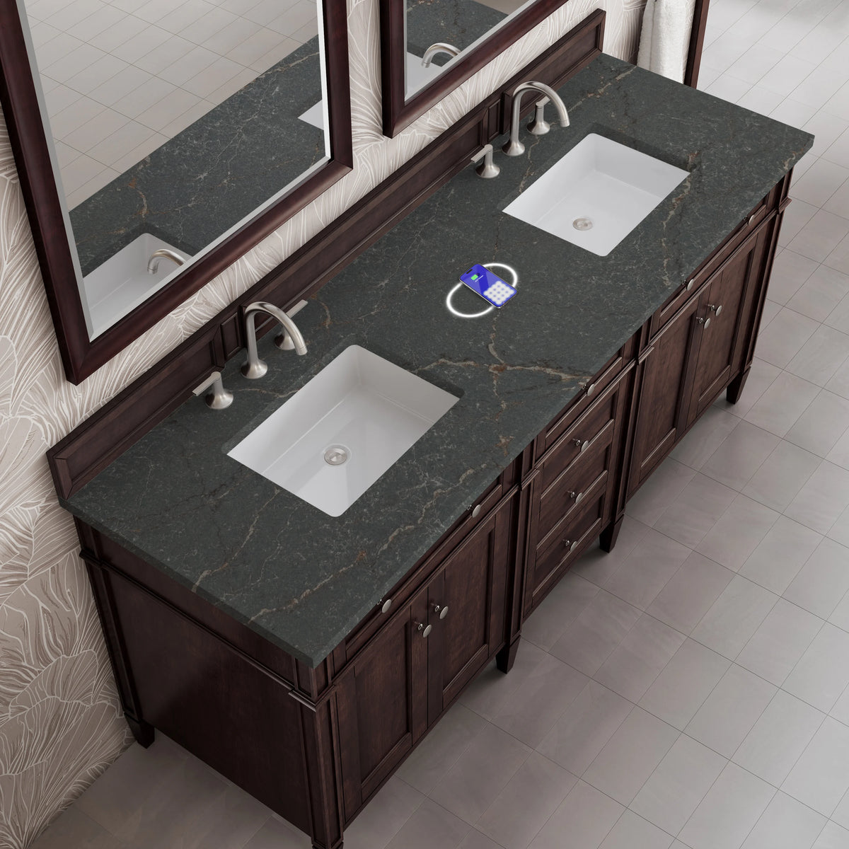 Brittany 72" Double Vanity, Burnished Mahogany w/ 3 CM Parisien Bleu Silestone Top w/FreePower Wireless Charger, view 10