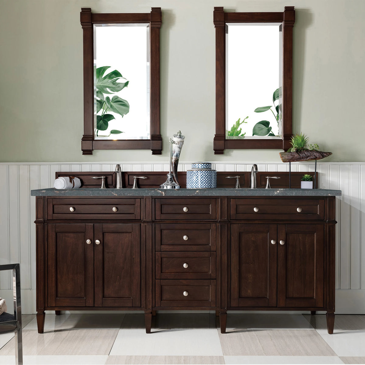Brittany 72" Double Vanity, Burnished Mahogany w/ 3 CM Parisien Bleu Silestone Top w/FreePower Wireless Charger, view 6
