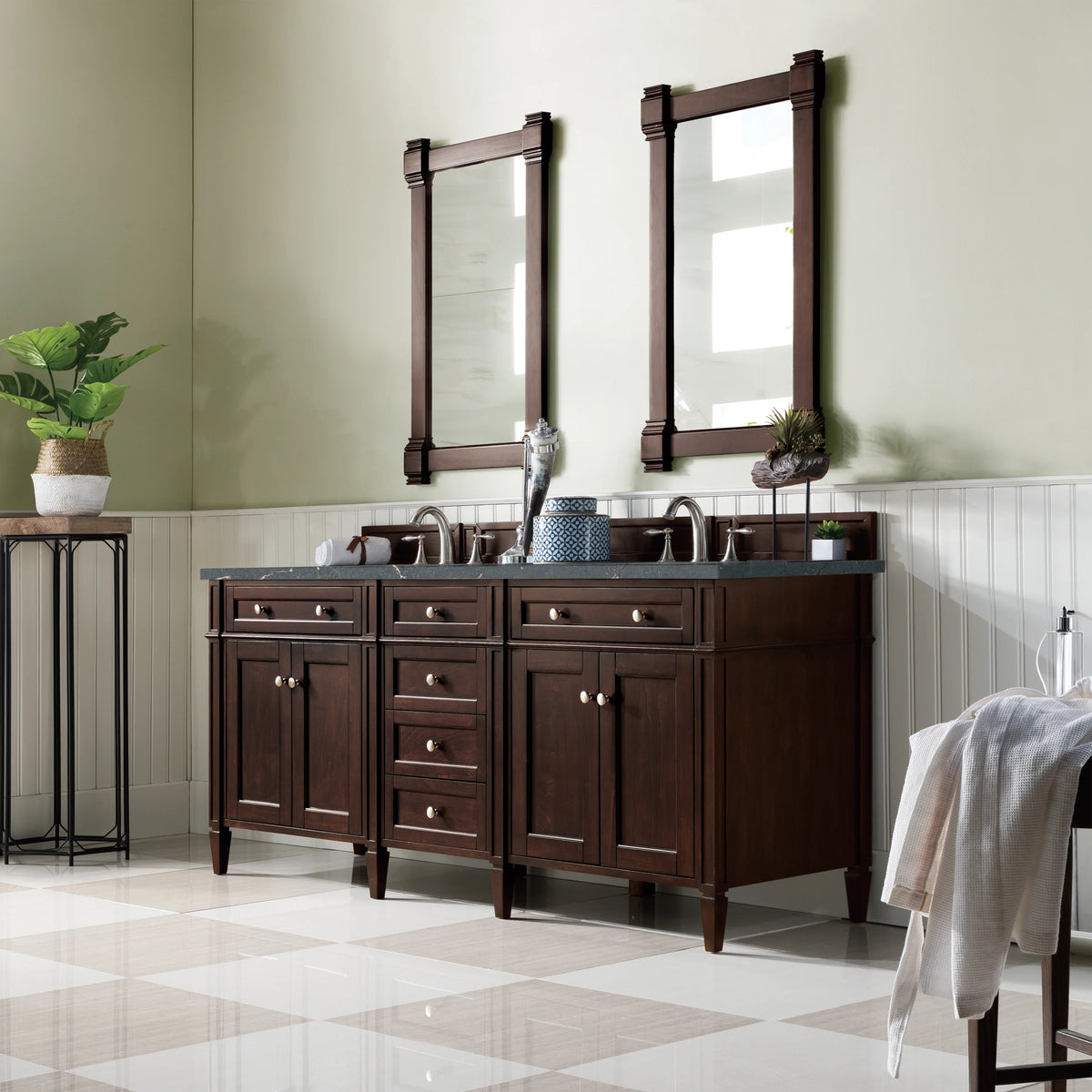 Brittany 72" Double Vanity, Burnished Mahogany w/ 3 CM Parisien Bleu Silestone Top w/FreePower Wireless Charger, view 7