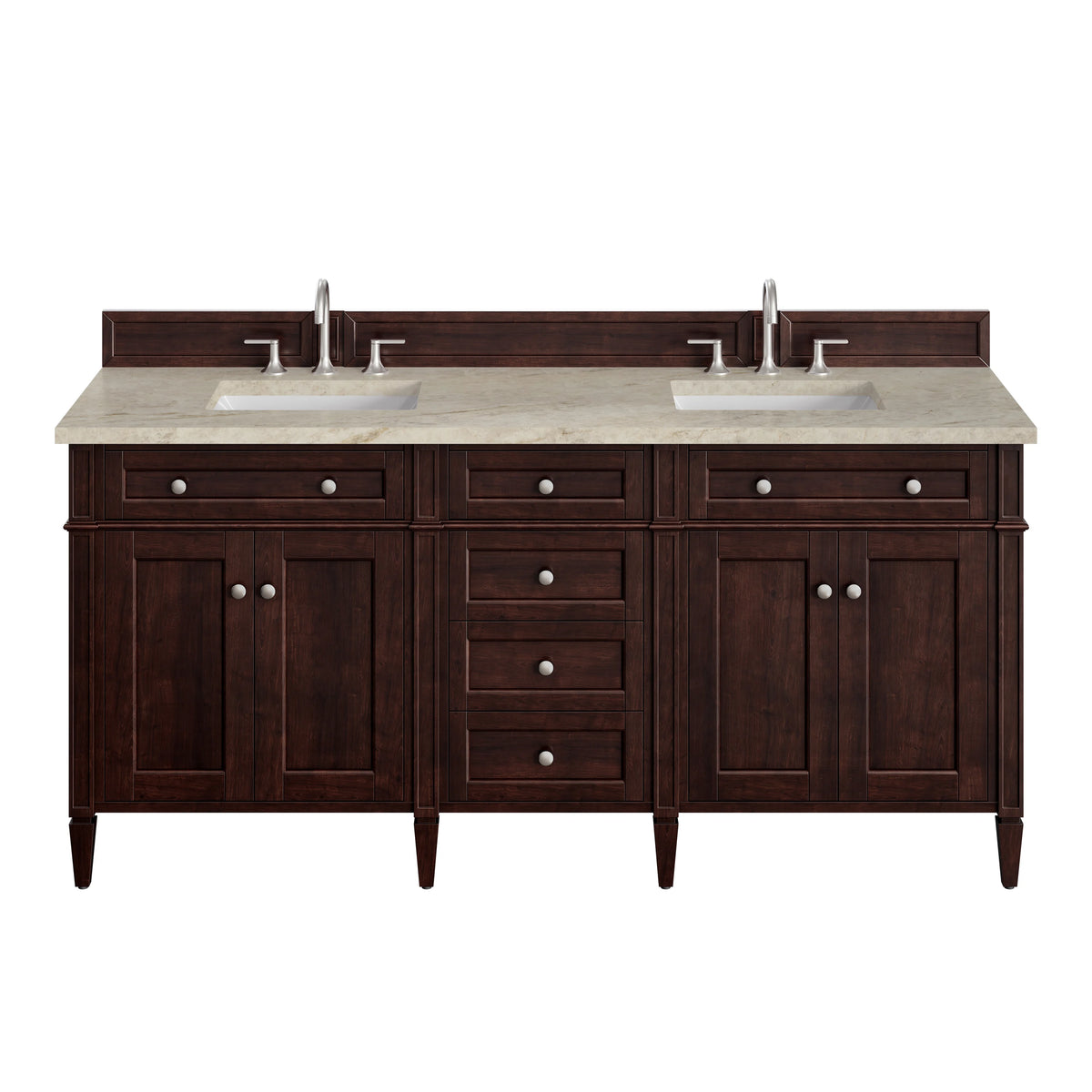 Brittany 72" Double Vanity, Burnished Mahogany, w/ 3 CM Tajnar Eclos Top w/FreePower Wireless Charger