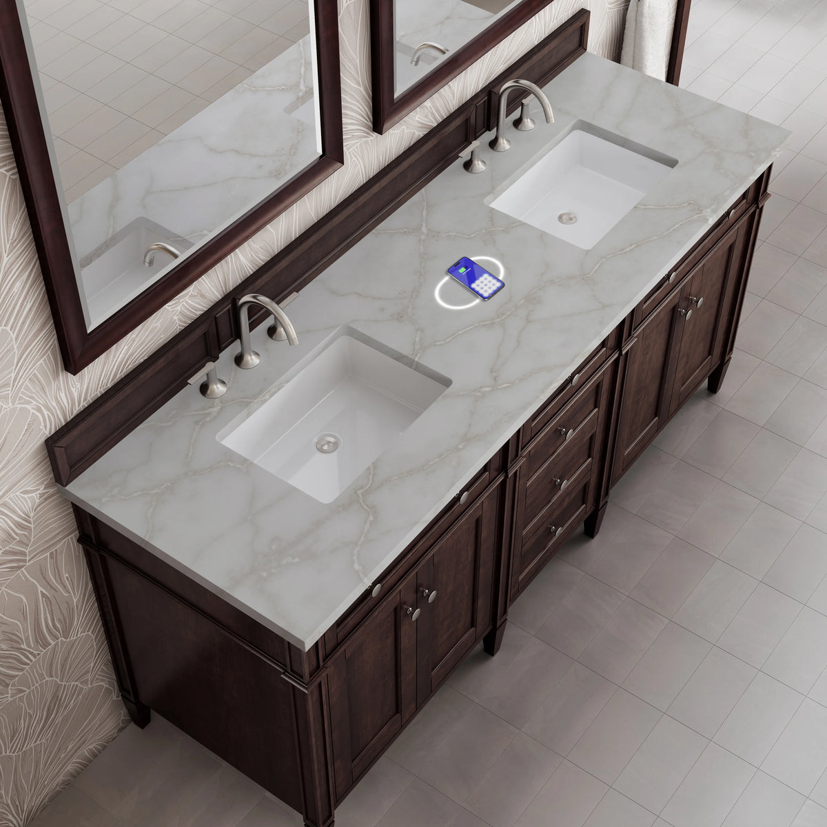 Brittany 72" Double Vanity, Burnished Mahogany w/ 3 CM Victorian Silver Silestone Top w/FreePower Wireless Char, view 9
