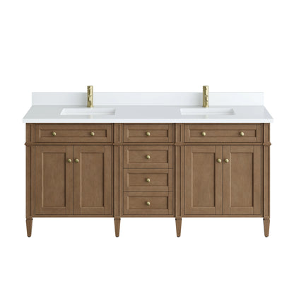 Brittany 72" Double Vanity, Pecan w/ Single Hole 3 CM White Zeus Silestone Top and Matching Backsplash