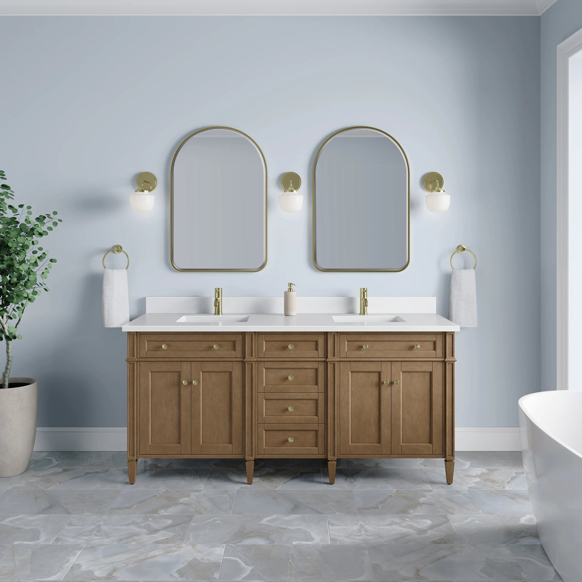 Brittany 72" Double Vanity, Pecan w/ Single Hole 3 CM White Zeus Silestone Top and Matching Backsplash, view 3
