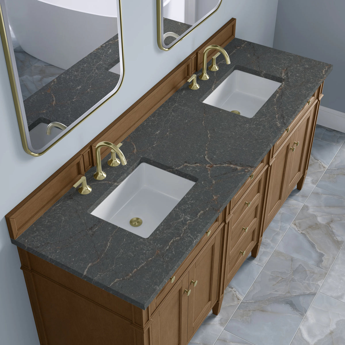 Brittany 72" Double Vanity, Pecan w/ 3 CM Parisien Bleu Silestone Top, view 8
