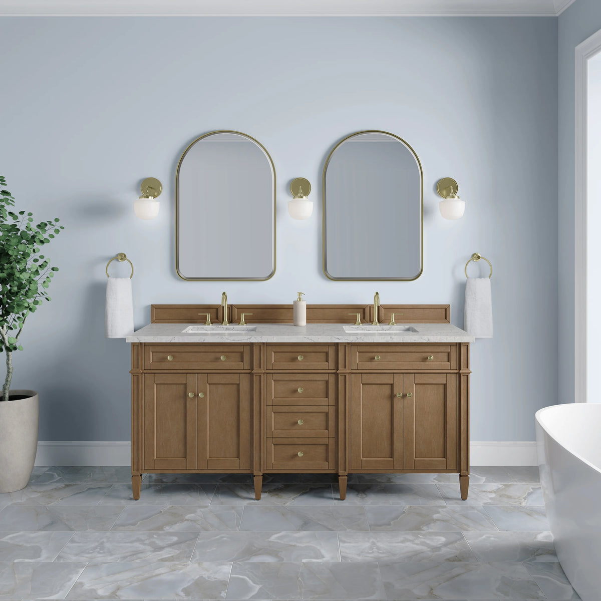Brittany 72" Double Vanity, Pecan w/ 3 CM Eternal Jasmine Pearl Silestone Top w/FreePower Wireless Charger, view 4