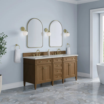 Brittany 72" Double Vanity, Pecan w/ 3 CM Eternal Jasmine Pearl Silestone Top w/FreePower Wireless Charger, view 5