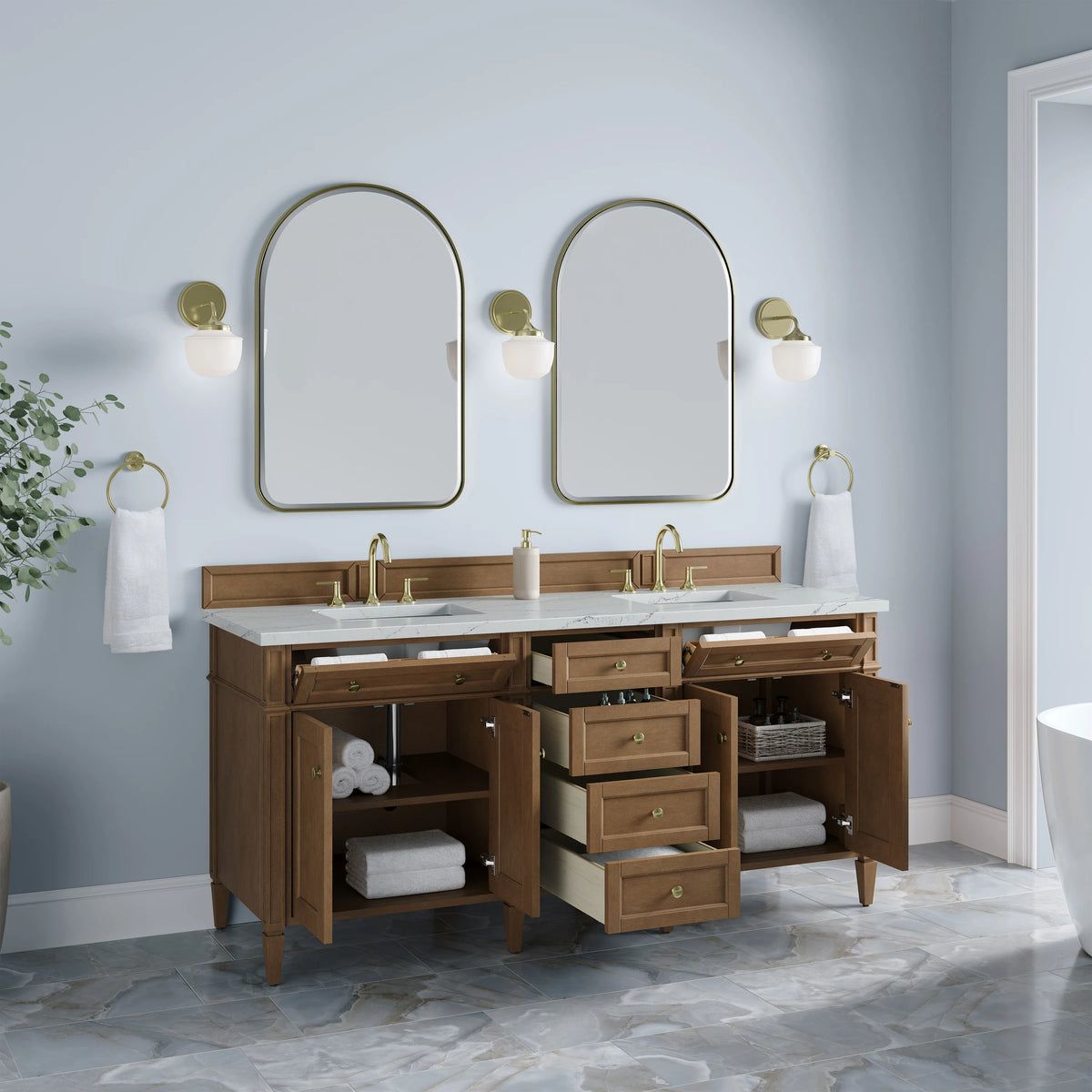 Brittany 72" Double Vanity, Pecan w/ 3 CM Ethereal Noctis Silestone Top w/FreePower Wireless Charger, view 6