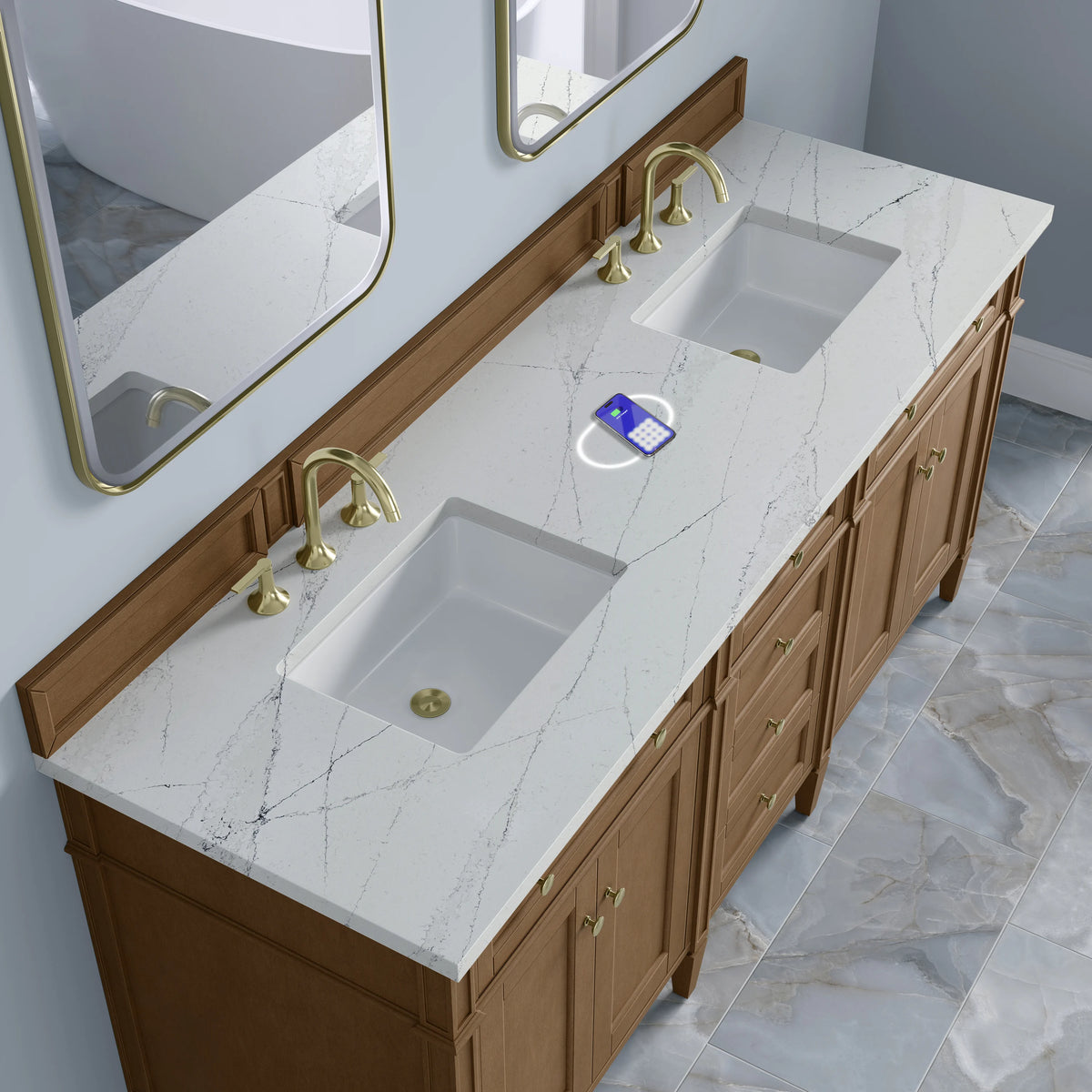 Brittany 72" Double Vanity, Pecan w/ 3 CM Ethereal Noctis Silestone Top w/FreePower Wireless Charger, view 9