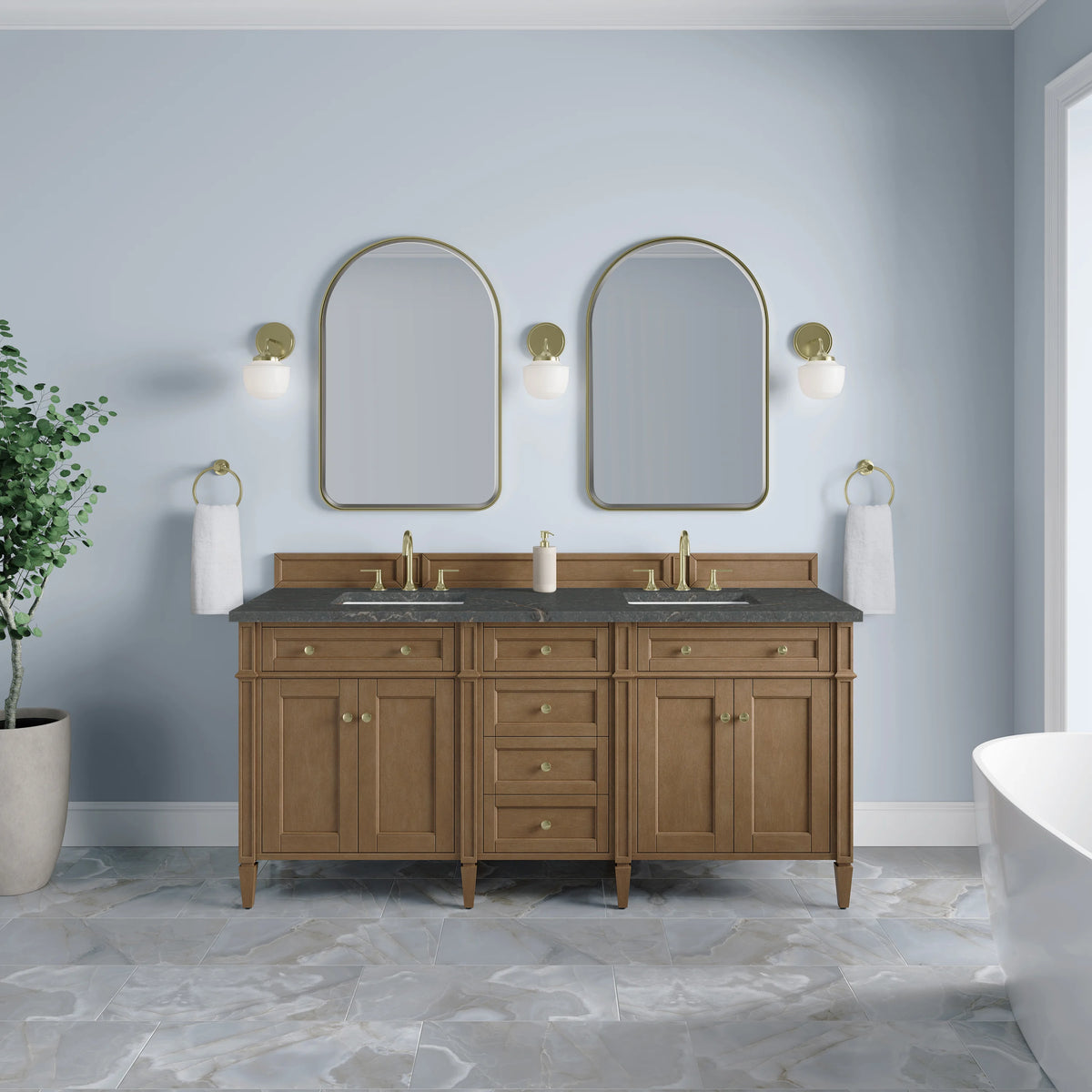 Brittany 72" Double Vanity, Pecan w/ 3 CM Parisien Bleu Silestone Top w/FreePower Wireless Charger, view 4