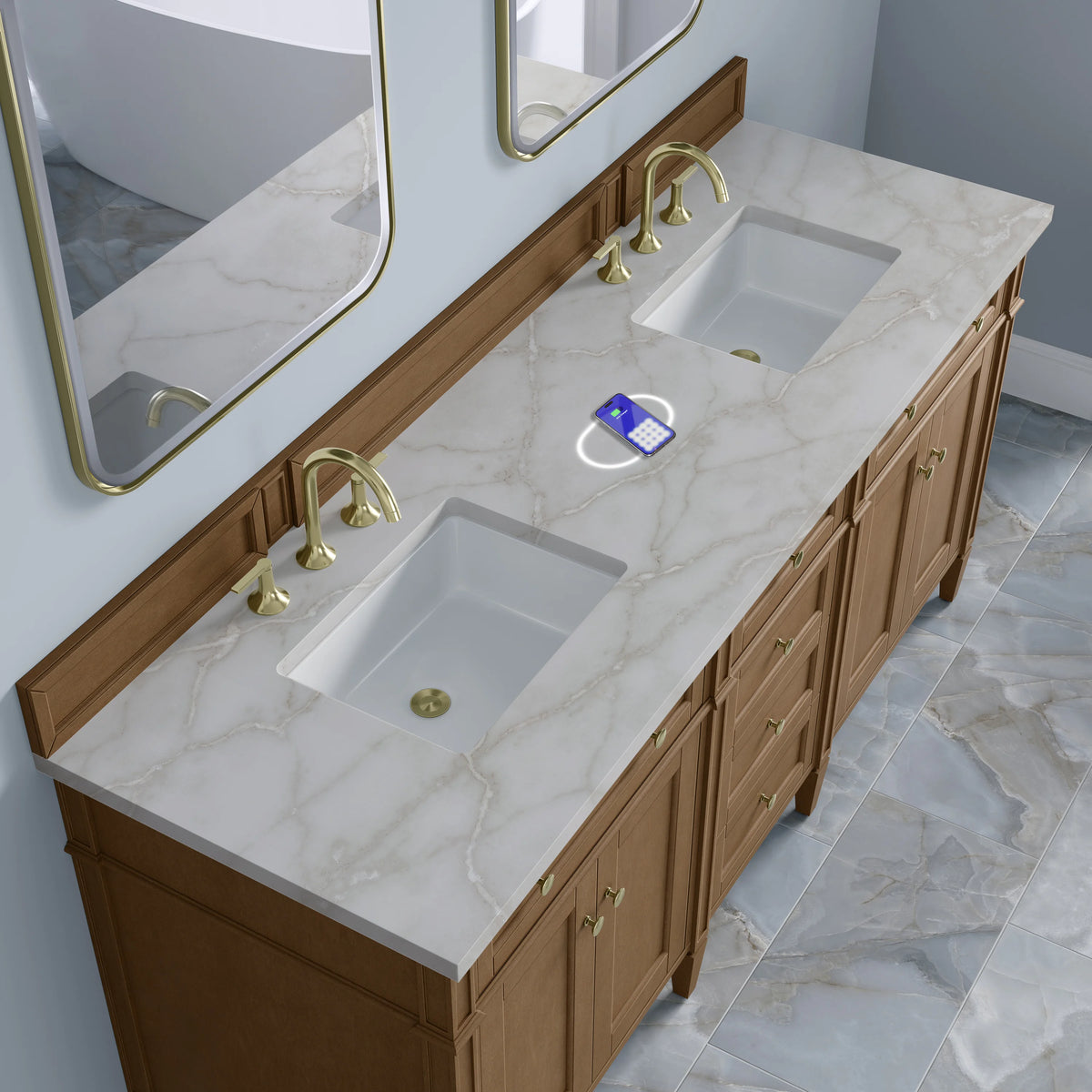 Brittany 72" Double Vanity, Pecan w/ 3 CM Victorian Silver Silestone Top w/FreePower Wireless Charger, view 9