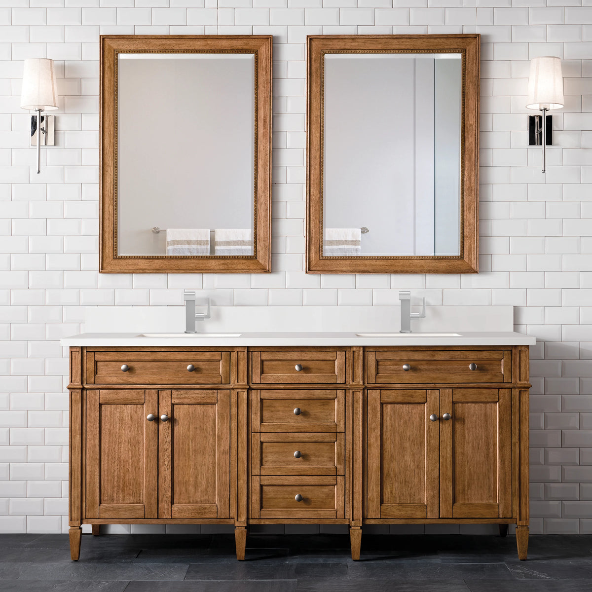 Brittany 72" Double Vanity, Saddle Brown w/ Single Hole 3 CM White Zeus Silestone Top & Backsplash, view 3