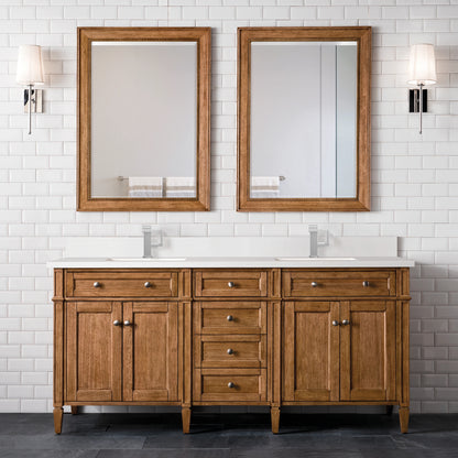 Brittany 72" Double Vanity, Saddle Brown w/ Single Hole 3 CM White Zeus Silestone Top & Backsplash, view 3