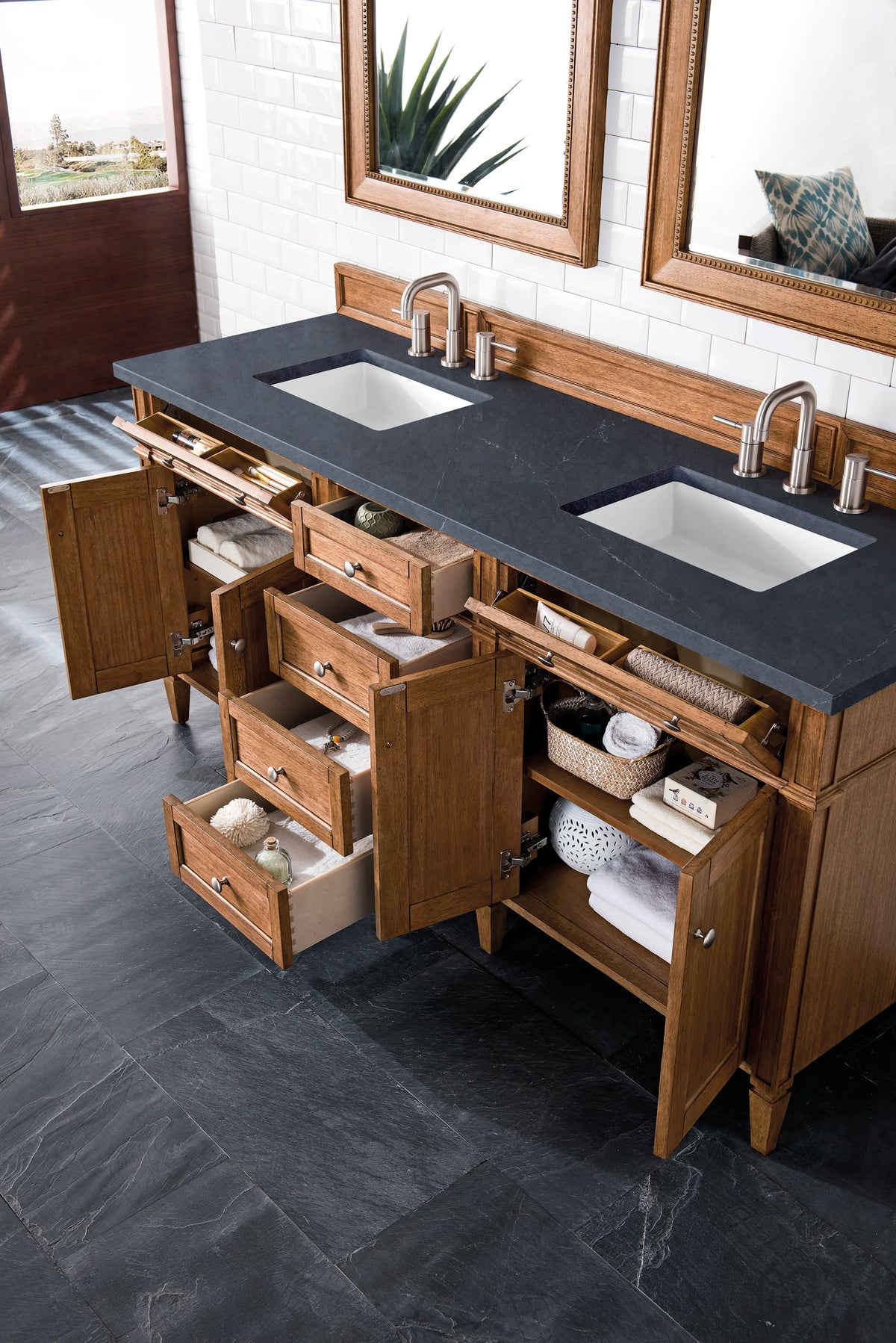 Brittany 72" Double Vanity, Saddle Brown w/ 3 CM Charcoal Soapstone Silestone Top, view 5