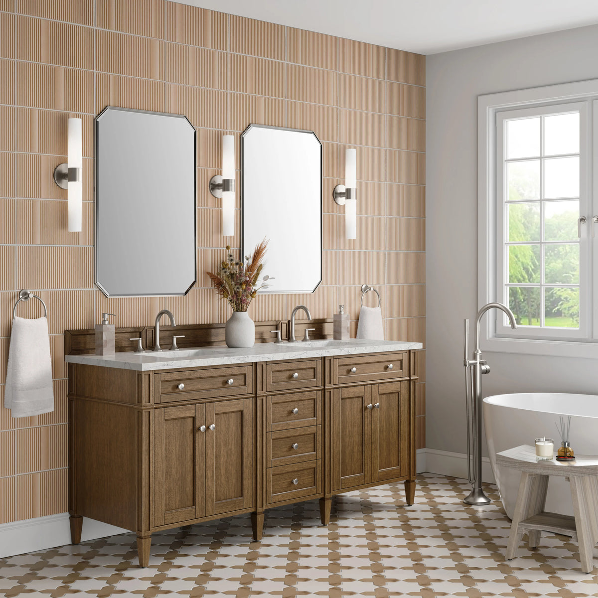 Brittany 72" Double Vanity, Saddle Brown w/ 3 CM Eternal Jasmine Pearl Silestone Top, view 4