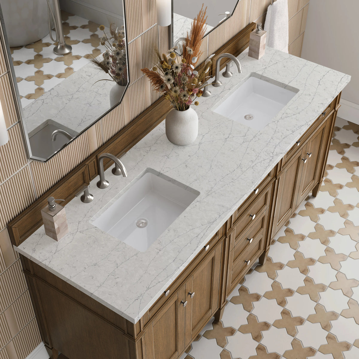 Brittany 72" Double Vanity, Saddle Brown w/ 3 CM Eternal Jasmine Pearl Silestone Top, view 7