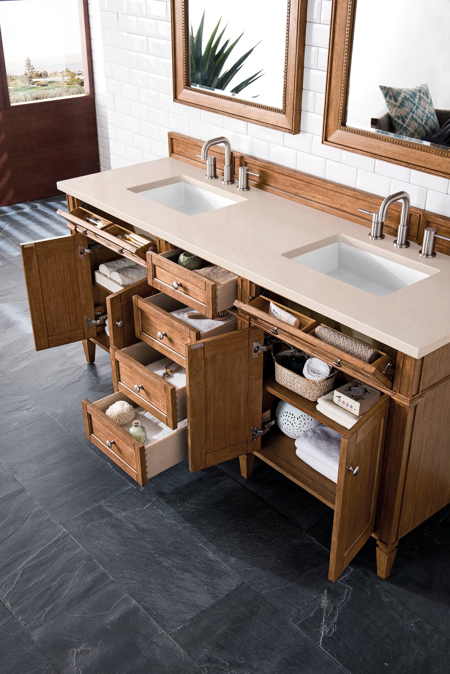 Renovate for Less Atlanta Brittany 72" Double Vanity, Saddle Brown w/ 3 CM Eternal Marfil Silestone Top, view 5