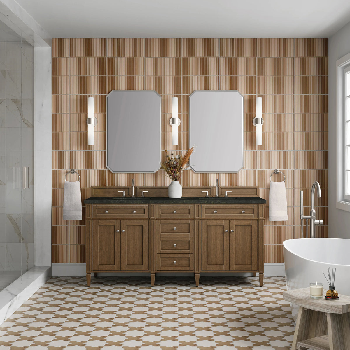 Brittany 72" Double Vanity, Saddle Brown, w/ 3 CM Phantome Eclos Top, view 3