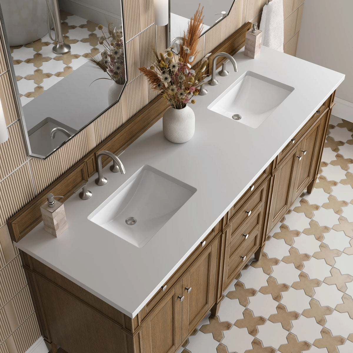 Brittany 72" Double Vanity, Saddle Brown w/ 3 CM White Zeus Silestone Top, view 7