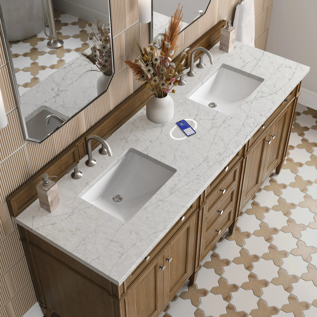 Brittany 72" Double Vanity, Saddle Brown w/ 3 CM Eternal Jasmine Pearl Silestone Top w/FreePower Wireless Char, view 10