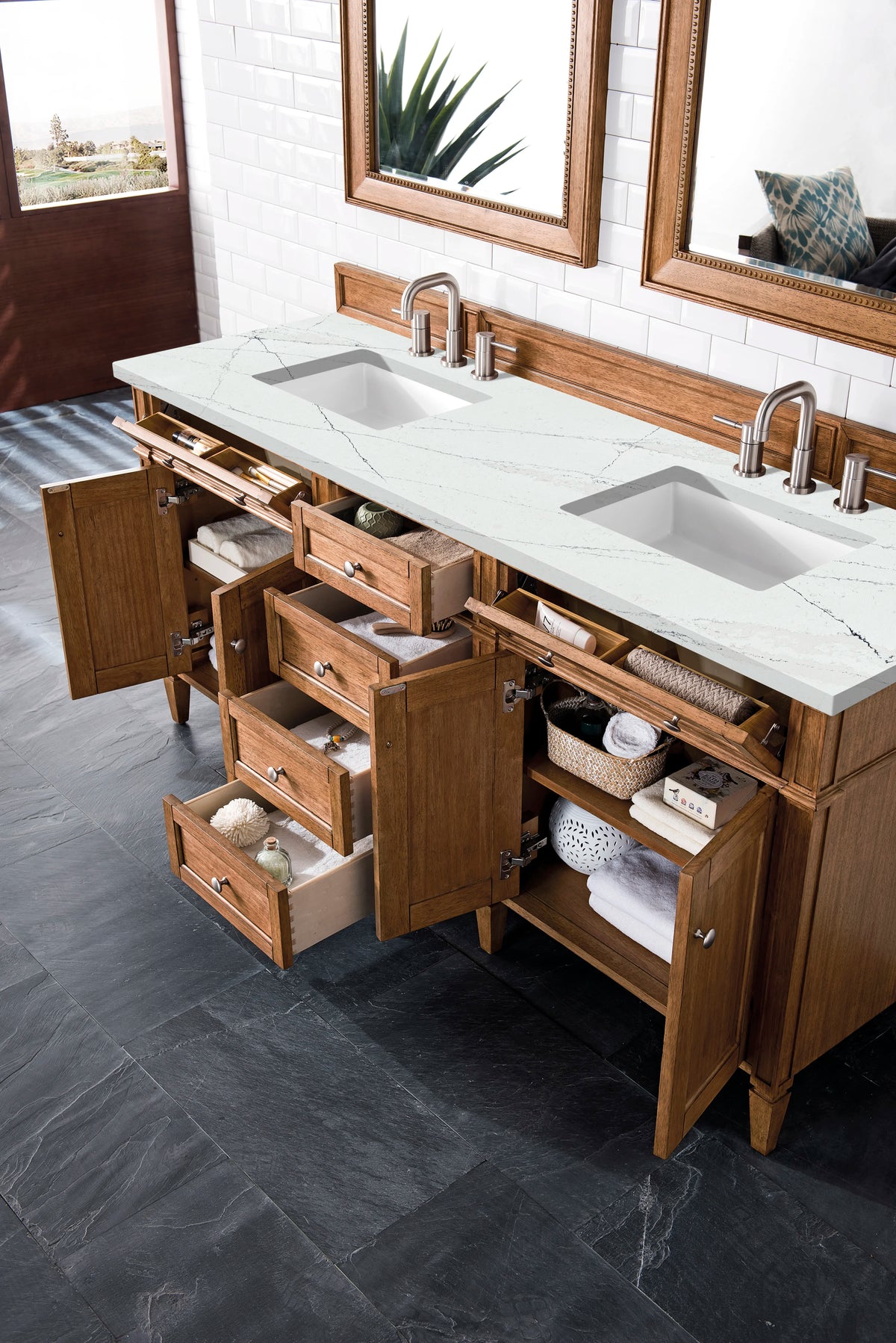Brittany 72" Double Vanity, Saddle Brown w/ 3 CM Ethereal Noctis Silestone Top w/FreePower Wireless Charger, view 8