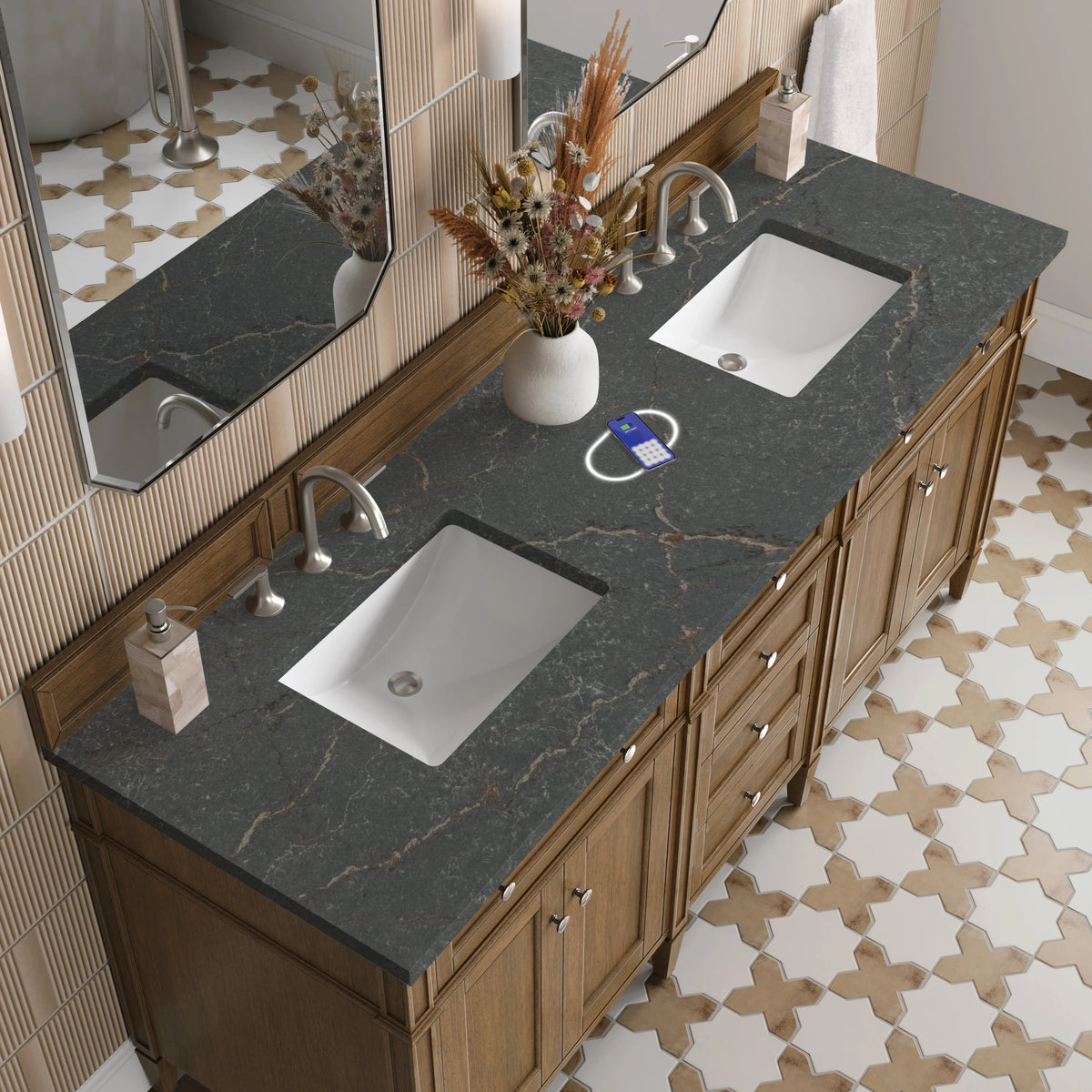 Brittany 72" Double Vanity, Saddle Brown w/ 3 CM Parisien Bleu Silestone Top w/FreePower Wireless Charger, view 10