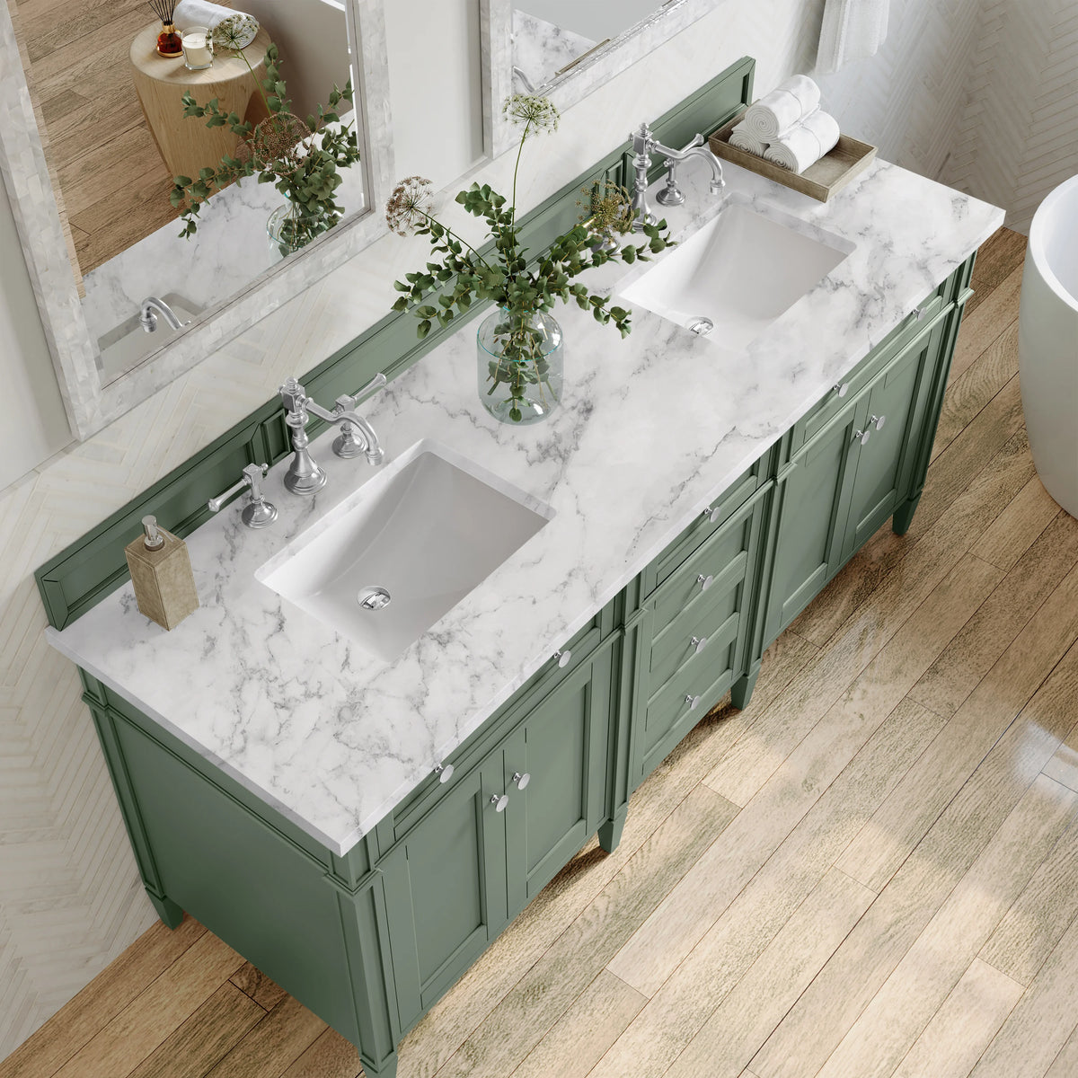 Brittany 72" Double Vanity, Smokey Celadon w/ 3 CM Carrara Marble Top, view 6