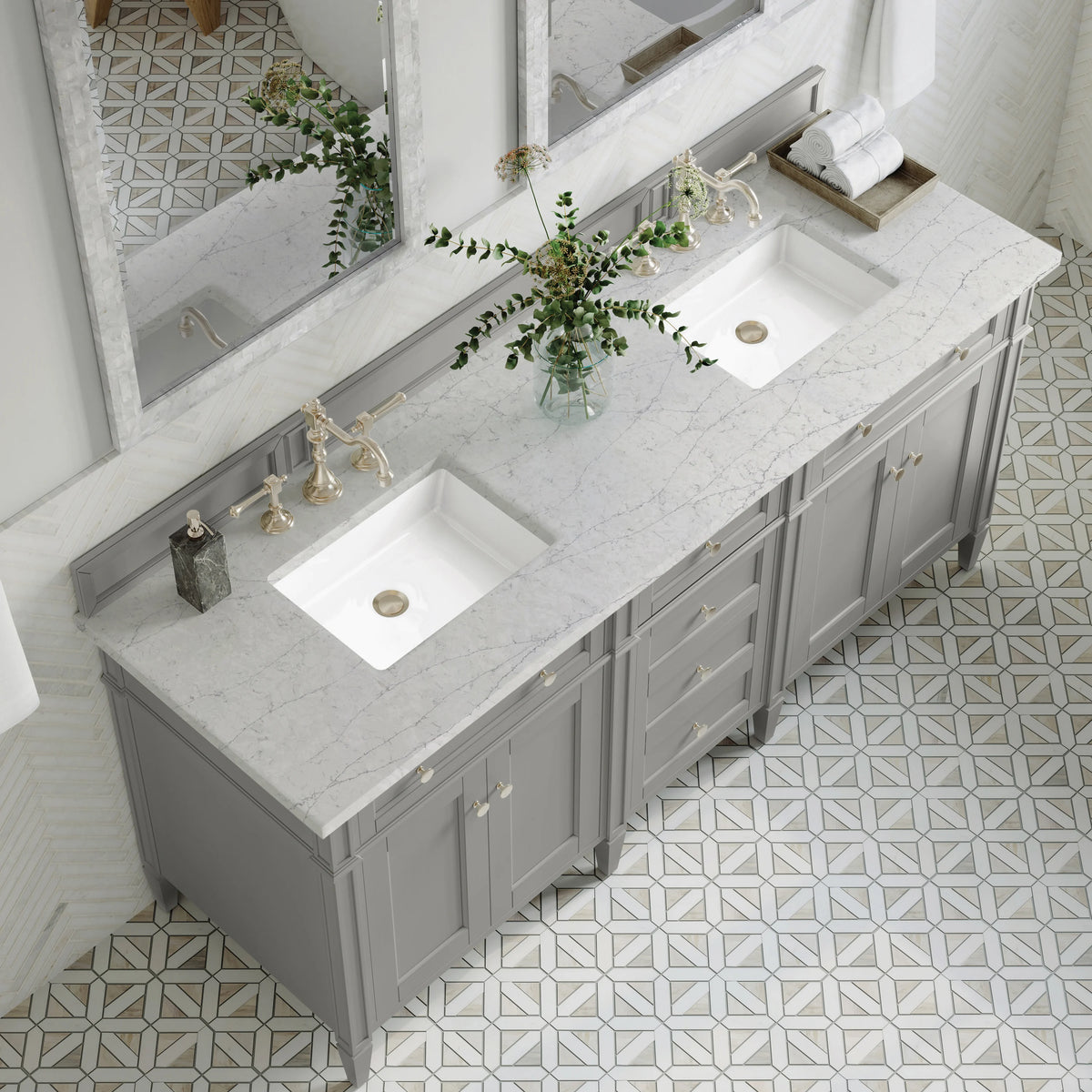 Brittany 72" Double Vanity, Urban Gray w/ 3 CM Eternal Jasmine Pearl Silestone Top, view 7