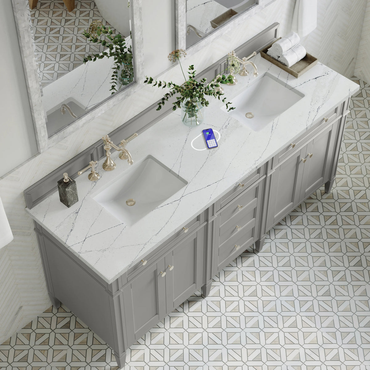 Brittany 72" Double Vanity, Urban Gray w/ 3 CM Ethereal Noctis Silestone Top w/FreePower Wireless Charger, view 10