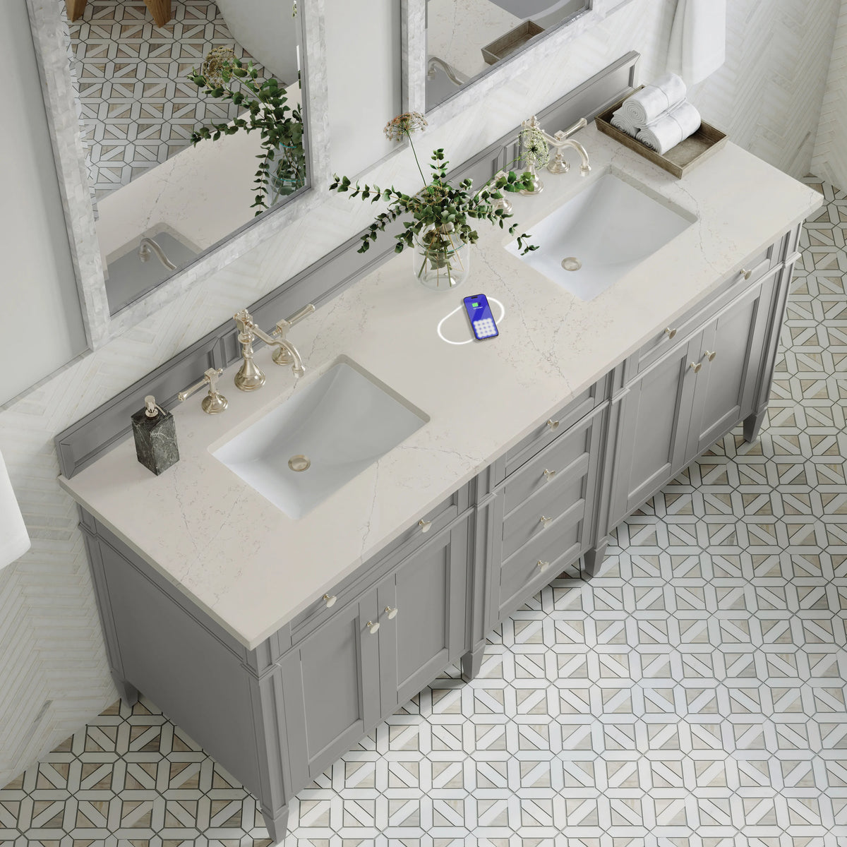 Brittany 72" Double Vanity, Urban Gray, w/ 3 CM Siberian Silestone Top w/FreePower Wireless Charger, view 8