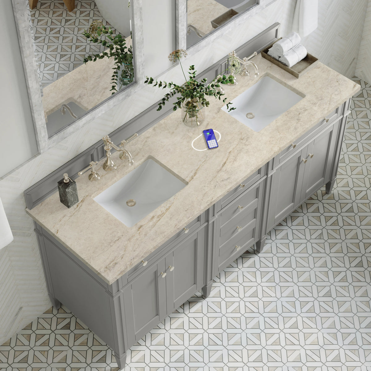 Brittany 72" Double Vanity, Urban Gray, w/ 3 CM Tajnar Eclos Top w/FreePower Wireless Charger, view 8