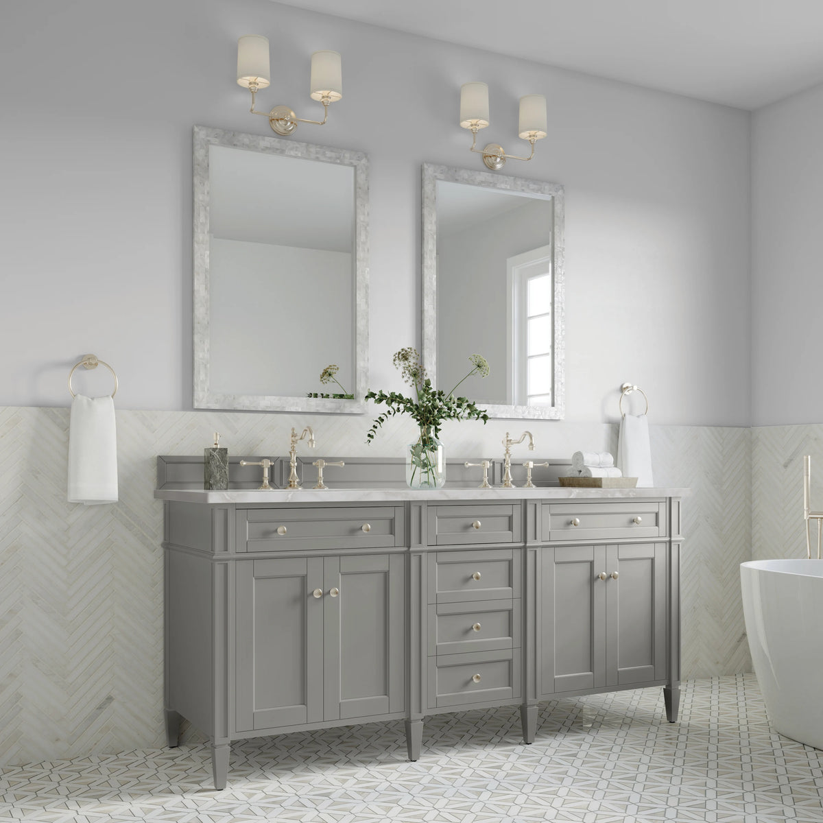 Brittany 72" Double Vanity, Urban Gray w/ 3 CM Victorian Silver Silestone Top w/FreePower Wireless Charger, view 7