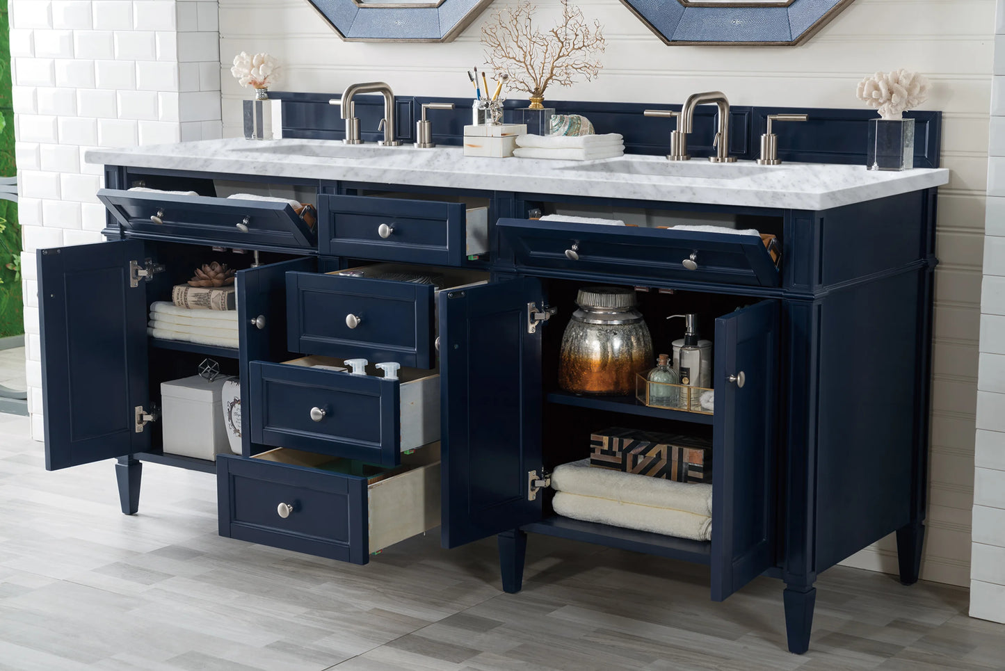 Brittany 72" Double Vanity, Victory Blue w/ 3 CM Carrara Marble Top, view 5