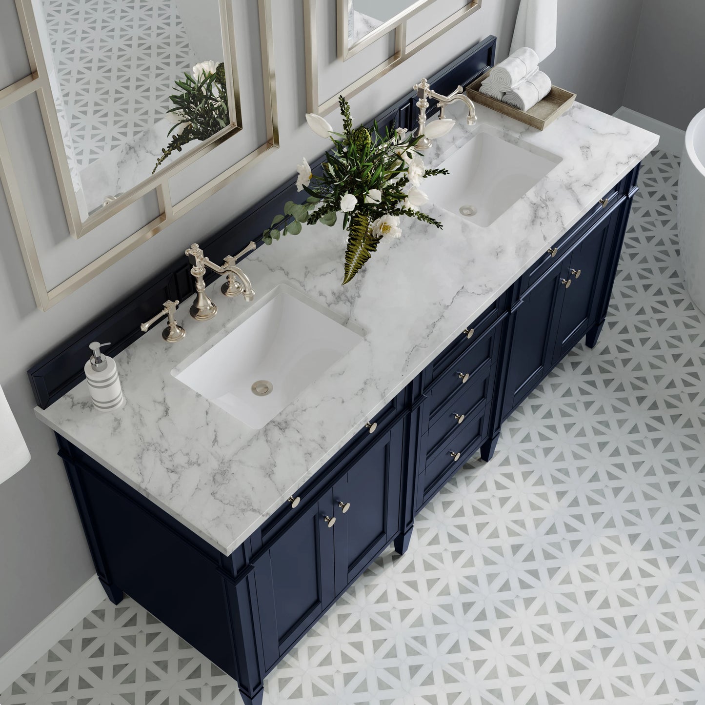 Brittany 72" Double Vanity, Victory Blue w/ 3 CM Carrara Marble Top, view 7
