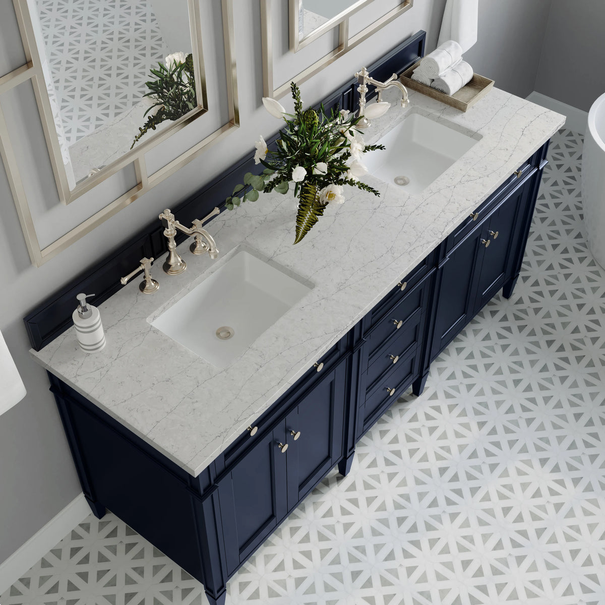 Brittany 72" Double Vanity, Victory Blue w/ 3 CM Eternal Jasmine Pearl Silestone Top, view 10