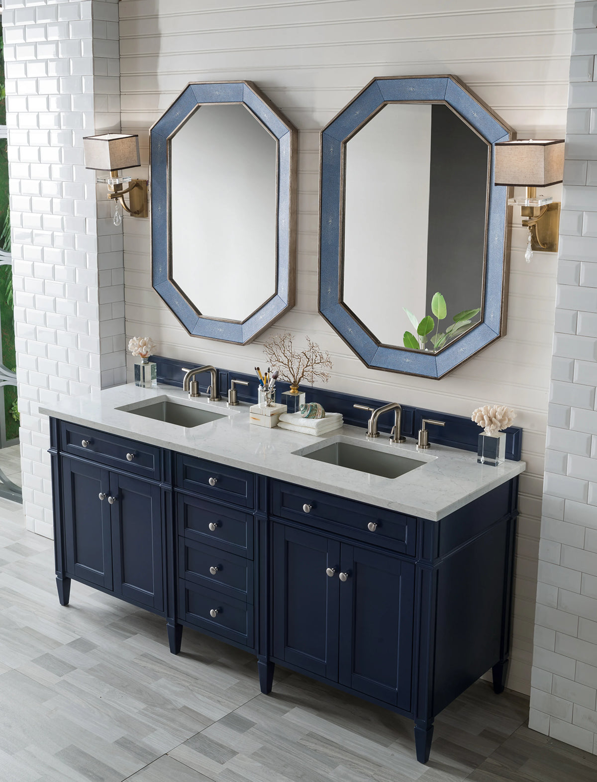 Brittany 72" Double Vanity, Victory Blue w/ 3 CM Eternal Jasmine Pearl Silestone Top, view 6