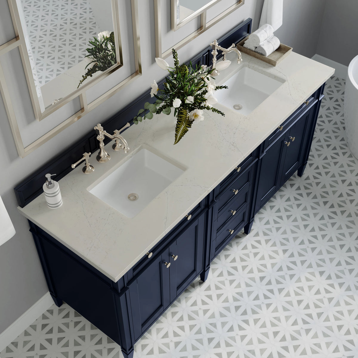 Brittany 72" Double Vanity, Victory Blue, w/ 3 CM Siberian Silestone Top, view 6