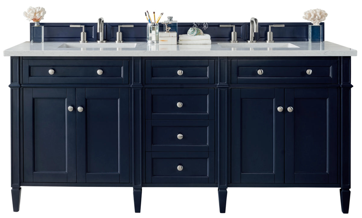 Brittany 72" Double Vanity, Victory Blue w/ 3 CM Eternal Jasmine Pearl Silestone Top w/FreePower Wireless Charger