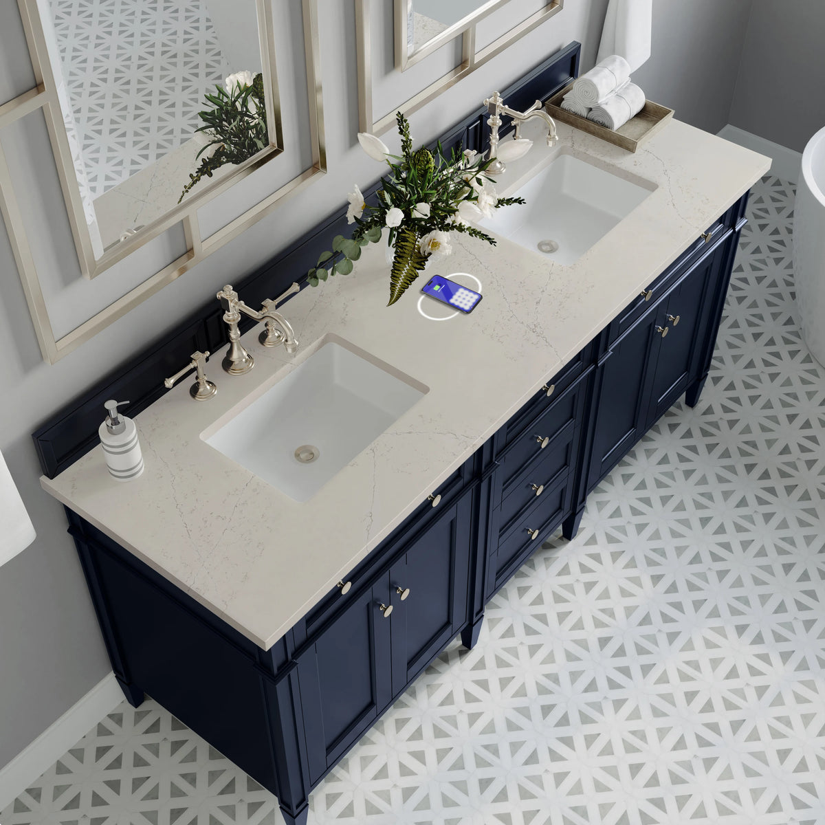 Brittany 72" Double Vanity, Victory Blue, w/ 3 CM Siberian Silestone Top w/FreePower Wireless Charger, view 8